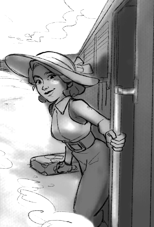 Concept sketch of Carla leaning out of the doorway of a moving steam train, suitcase at her feet, one hand on the grab rail and a wide sun hat shading her face.